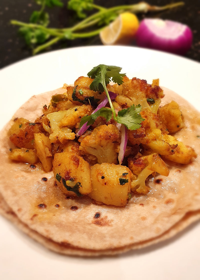 Aloo Gobi with Roti + Salad ( serves 4)